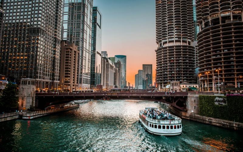 a boat on a river in Chicago River